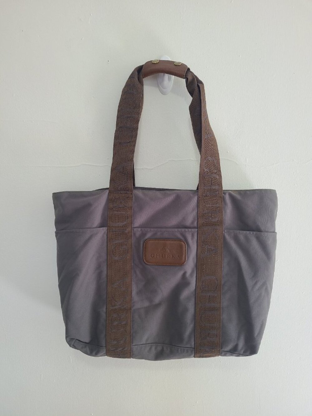 Ghurka Canvas Tote Gray Shoulder Bag Leather Trim